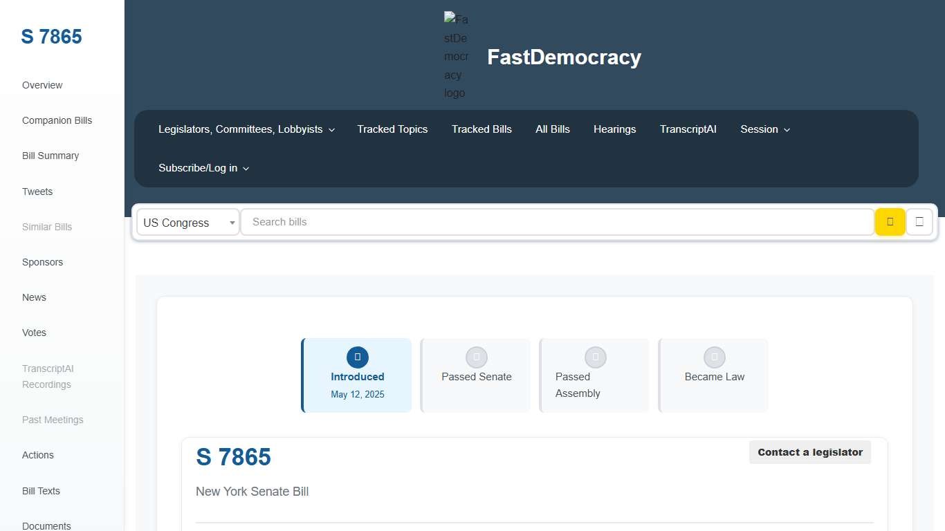 Bill tracking in New York - S 7865 (2025-2026 legislative session) - FastDemocracy