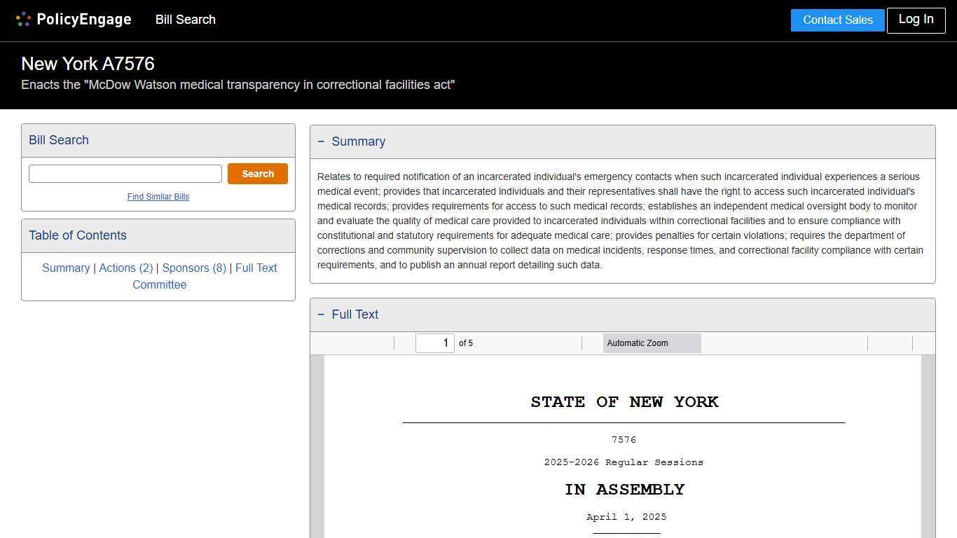 A7576 New York 2025-2026 Enacts the "McDow Watson medical transparency in correctional facilities act" - Legislative Tracking PolicyEngage